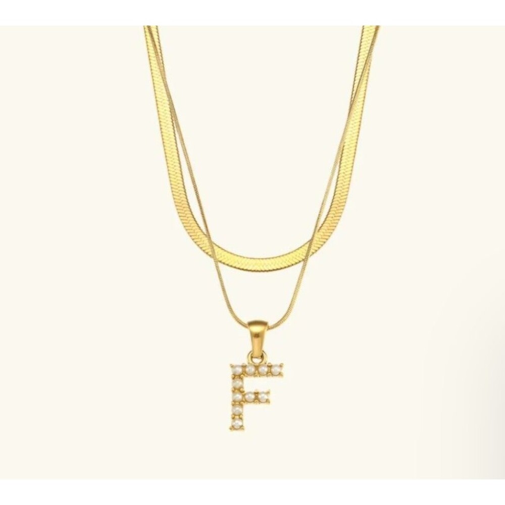 NEW Love Aero Layered Pearl "F" Necklace Waterproof Tarnish Free Gold Plated 90$